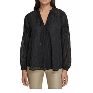 TOMMY HILFIGER Women's Black Textured Split-Neck Long Sleeve Top  S
